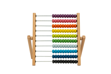 Wooden abacus with multi-colored beads. The beads are arranged in rows, with each row containing a different color. The abacus is located on a transparent PNG background.