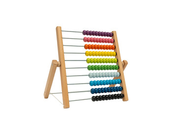 Wooden abacus with multi-colored beads. The beads are arranged in rows, with each row containing a...