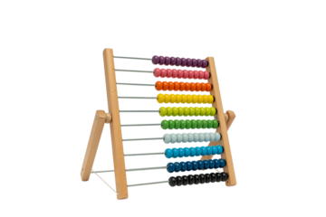 Wooden abacus with multi-colored beads. The beads are arranged in rows, with each row containing a different color. The abacus is located on a transparent PNG background.