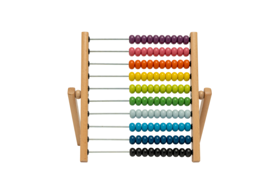 Wooden abacus with multi-colored beads. The beads are arranged in rows, with each row containing a different color. The abacus is located on a transparent PNG background.