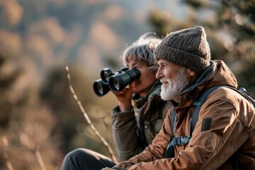 Fototapeta premium An elderly couple sits comfortably outdoors, gazing through binoculars into the distance, deeply immersed in birdwatching activity amidst stunning natural scenery.