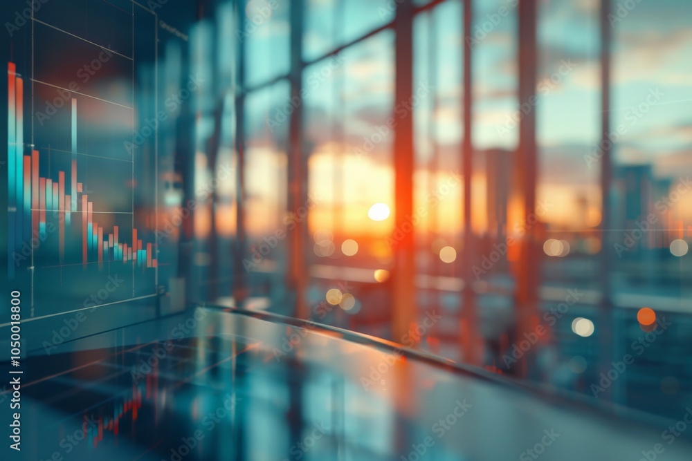 Poster a virtual graph floats over a cityscape as sunlight filters through the windows, illustrating data v