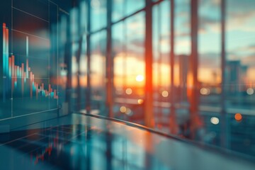 A virtual graph floats over a cityscape as sunlight filters through the windows, illustrating data visualization in a contemporary urban environment.