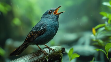 A small blue bird with orange markings on its chest and back perches on a branch in a lush green rainforest, singing with its beak open. The background is blurred, and raindrops are falling.