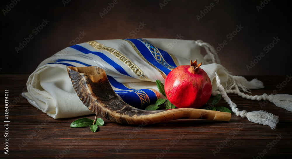 Poster pomegranate and shofar with tallit on rustic table