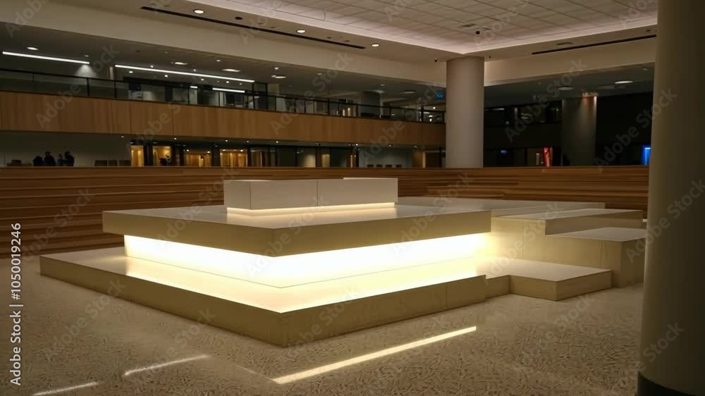 Poster a white, tiered platform with built-in lighting sits in the middle of a large, empty lobby space