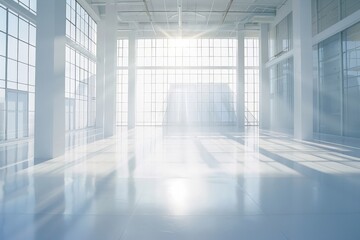 An expansive, empty industrial loft space illuminated by sunlight pouring through large grid-patterned windows. The bright atmosphere emphasizes openness and potential.