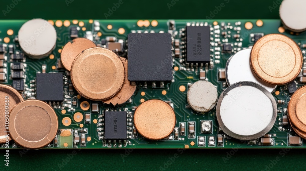 Poster closeup of circuit board with electronic components and microchips