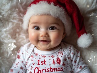 Smiling baby wearing Christmas hat and outfit celebrating first holiday season on cozy white blanket with festive decorations.