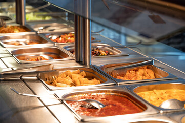 Asian food buffet in restaurant multiple food dishes and salad.