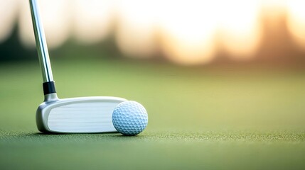 Close-up of accurate putting alignment, club and ball tight focus