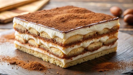 A decadent layered dessert with cocoa powder, creamy layers, and a hint of chocolate glaze, tempting taste buds with its rich and satisfying flavors.