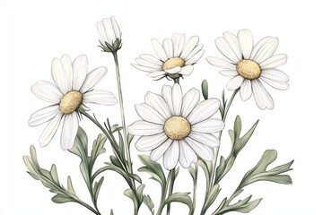 Fototapeta premium Delicate White Daisies with Green Leaves 
