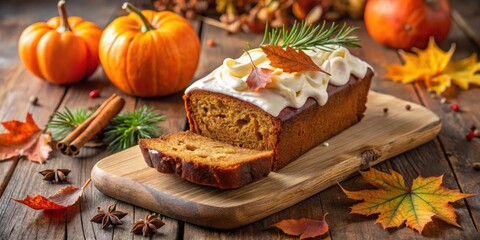 A slice of pumpkin loaf cake with white frosting and autumn leaves on a wooden cutting board