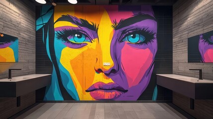 Artistic bathroom, colorful murals, vibrant sink designs, and creative lighting