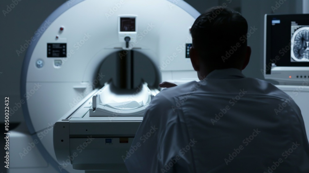 Poster a macro shot of a medical professional reviewing an mri scan on a high-resolution monitor, set in a 