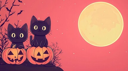 Cartoon black cats playing with pumpkins under a full moon, fun and spooky vibe, playful spooky illustration