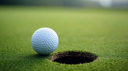 Golf ball sitting on the edge of a hole, high-stakes accuracy moment, lush green