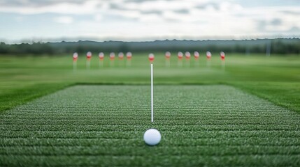 Golf shot accuracy practice on the driving range, flags aligned in the distance