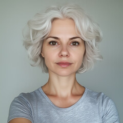 a woman over forty years old with white hair, well-groomed, young.