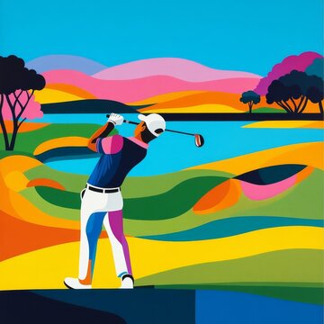 Golfer aiming for the pin, lined-up stance, golf course lake in the distance, vivid colors