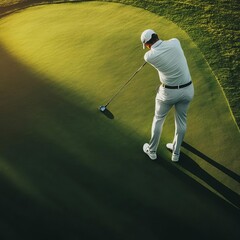 Golfer focusing intensely on accuracy during a crucial shot, shadows visible