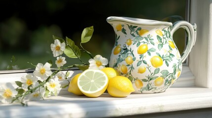 Lemons  Pitcher  Flowers  Windowsill  Summer Still Life