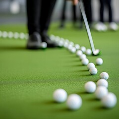 Golfer practicing precision on the putting green, multiple balls in line