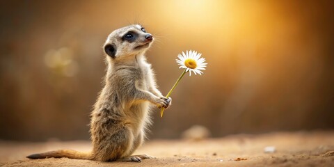 Fototapeta premium Vintage Style Photography of a Playful Meerkat Holding a Daisy Flower, Nature, Animal Portrait, Cute Wildlife, Retro Aesthetic, Animal Behavior, Desert Habitat, Whimsical Scene, Endearing Moment