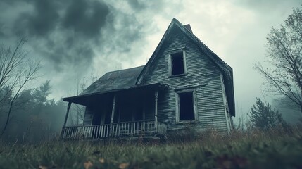 Obraz premium Creepy old house with boardedup windows and broken roof, shadows lurking, spooky abandoned setting, haunted house