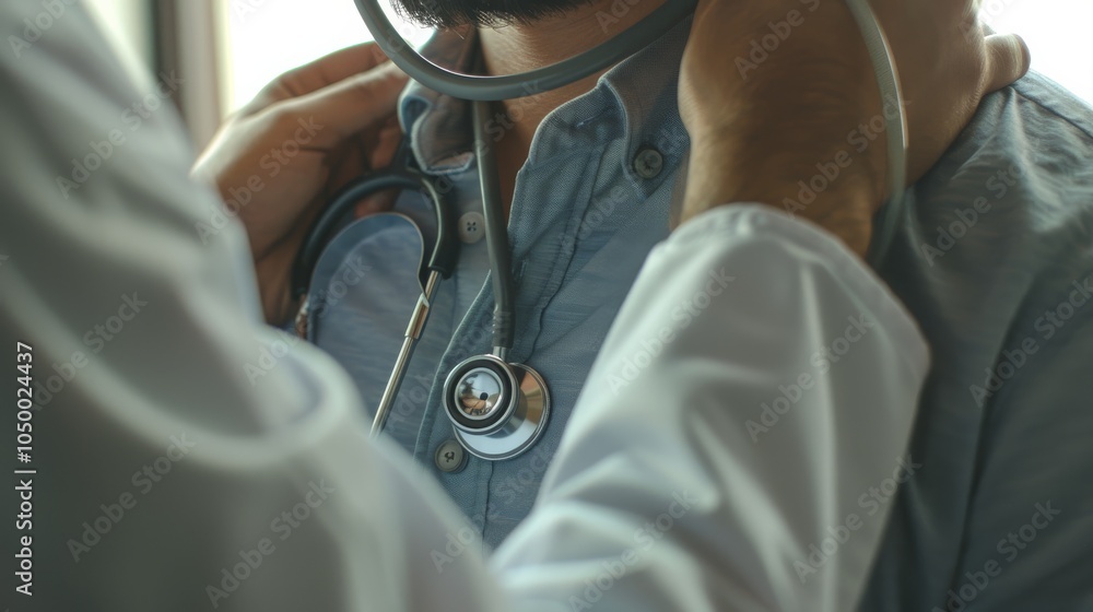 Poster a macro shot of a stethoscope placed on a patient��s chest during a routine check-up, set in a profe