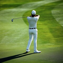 Golfer s stance seen from behind, aiming down the fairway, perfect accuracy, shadow details