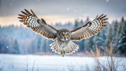 Great Grey Owl in Flight Over Snowy Field - Vintage Style Photography, Wildlife in Canada, Majestic Owl, Winter Landscape, Bird of Prey, Nature Photography,