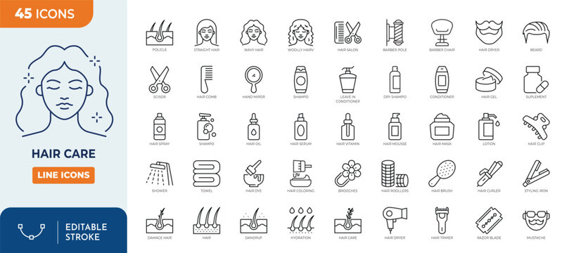Hair care icon set. Containing shampoo, scalp, conditioner, hair treatment, washing and more icons. Outline Icon Collection. Vector illustration. Editable stroke	