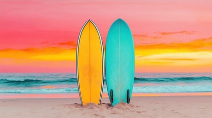 Colorful Surfboards Stuck in Sand at Sunset Beach