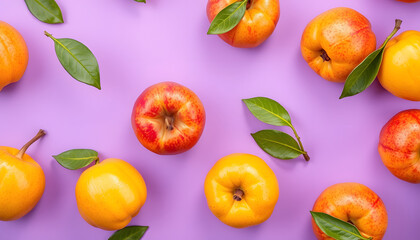 Obraz premium Colorful fruit pattern of fresh quinces on purple background isolated with white highlights, png