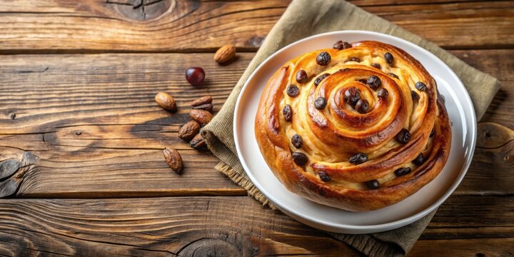 A single, golden-brown pastry with raisins, sitting on a white plate, surrounded by almonds and a brown napkin, on a wooden table. - Powered by Adobe