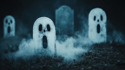 Ghostly apparitions floating through a foggy graveyard, chilling atmosphere, creepy Halloween mood