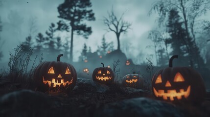 Glowing jackolanterns on a misty hilltop with shadowy trees, eerie Halloween night, spooky landscape