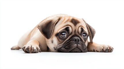 Obraz premium Close-up of a sad pug dog lying down on a white background. Studio pet portrait with copy space.