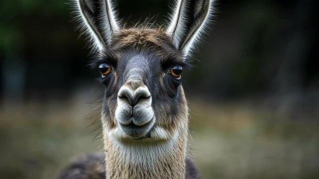 A llama with long ears and a fluffy face stares directly at the camera