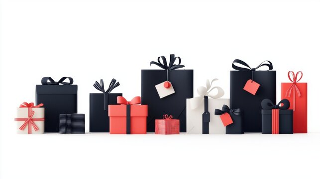 Black, red, and white gift boxes with bows and tags in a row.