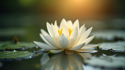 Tranquil lotus flower on sunlit pond symbolizing peace