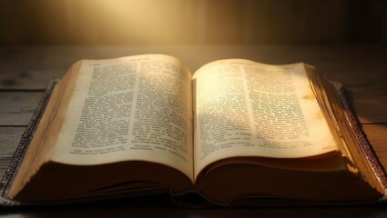 Obraz premium Vintage open book on wooden table under soft light symbolizing accumulated wisdom