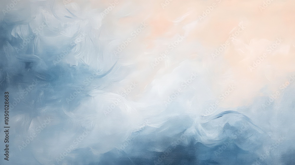 Poster a minimalist abstract painting with soft, flowing gradients of pale blue, light peach, and soft gray