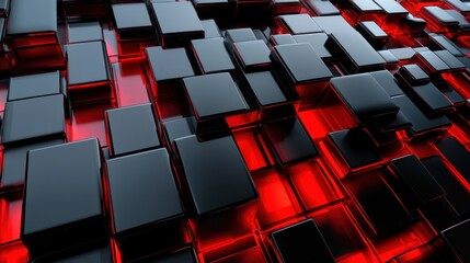 Fototapeta premium Black and red glossy 3D blocks forming a geometric pattern. Abstract digital background