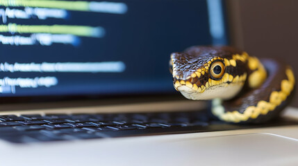 Fototapeta premium Snake on a Laptop, computer, keyboard, technology, reptile, python