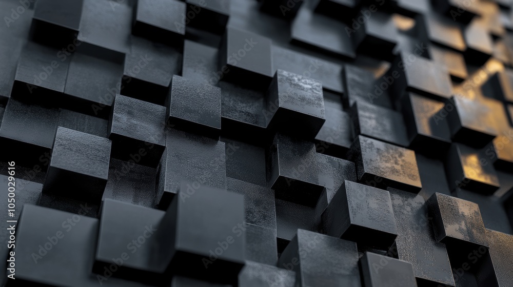 Poster abstract 3d pattern of black cubes with varying heights on textured surface
