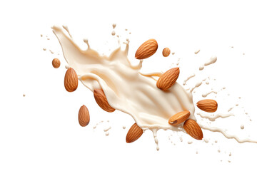Creamy milk splash with almonds dynamic and refreshing scene in vibrant contrast, healthy snacks or natural beverages concept