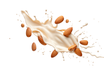 Creamy milk splash with almonds dynamic and refreshing scene in vibrant contrast, healthy snacks or natural beverages concept